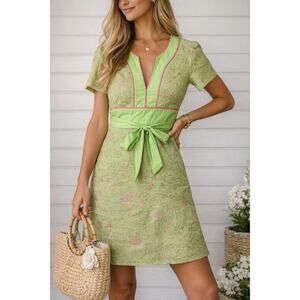 Lilly Pulitzer Green Embroidered Dress Pink Trim Tie Back Size Sma